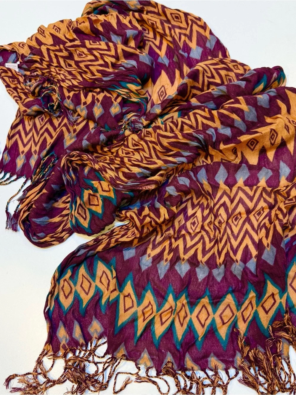 Boho Diamond Pattern Fringe Scarf in Burgundy and Mustard
